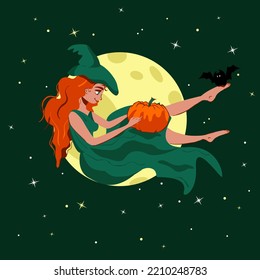 Witch sitting in front of the night sky with stars and moon full. Cartoon vector wizard character with bat and pumpkin. Halloween holiday celebration. Magic on all hallows eve in autumn season.