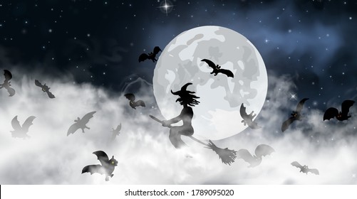 The witch sitting on the broom flyes through clouds up above the sky with Moon and stars shining on it. Old hag surrounded by bats on the night space background. Halloween vector illustration.