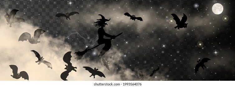 The witch sitting on the broom flyes through clouds on dark transparent background with Moon and stars shining on it. Magic halloween vector illustration. 