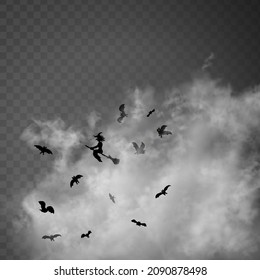 The witch sitting on the broom flyes through clouds up above the gray transparent background. Old hag surrounded by bats isolated on the semi-transparent backdrop. Halloween vector illustration.