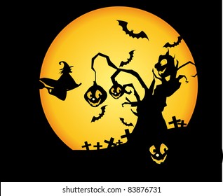 Witch sitting on broom flying, cemeteries and trees in the moonlight is particularly terrorist