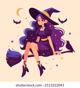 Bruja sentada en un palo de escoba. Ilustración de dibujos animados para Halloween. Fondo con un cuervo, murciélagos, estrellas y la luna.