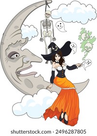 Witch sitting on crescent moon doing witchcraft