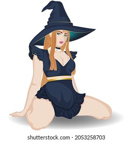 The witch is sitting on the floor. Vector art