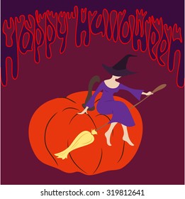 Witch sitting on a pumpkin. Art vector illustration for Halloween design
