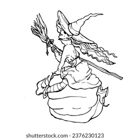 The witch is sitting on a pumpkin with a broom in her hands. Graphic linear drawing for Halloween. Beautiful contented witch, face in profile. Outline, silhouette, outline, outline. Magic for Hallowee