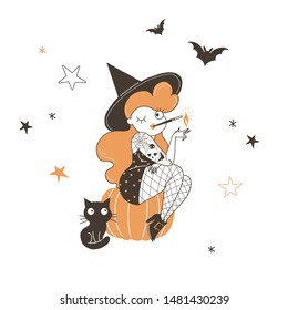Witch sitting on pumpkin flat vector illustration. Smoking sexy girl in hat with black cat isolated cartoon character on starry white background. Winking sorceress, halloween costume design element