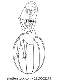 The witch is sitting on the pumpkin. Preschool coloring page. Vector illustration for the halloween.