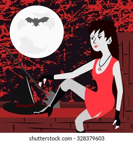 witch sitting on the wall at scaring night - funny cartoon