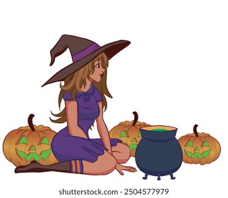 Witch sitting in a setting with Halloween pumpkins magic cauldron.