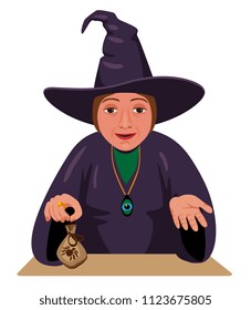 witch sitting at the table and offers to buy magic product. Treatment folk methods. quack throws on the money.