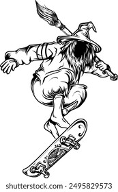 Witch skateboard ilustration vector line art coloring 