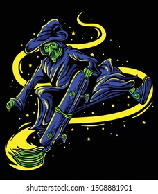 witch skateboarding with broom in the sky vector illustration