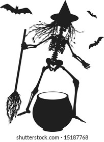 Witch skeleton with cauldron and bats. One color.