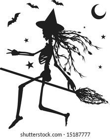 Witch skeleton flying on a broom. One color.