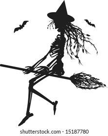 Witch skeleton flying on a broom. One color.