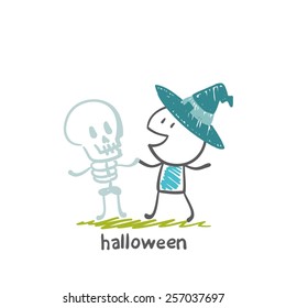 witch with a skeleton for Halloween, illustration