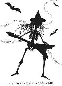 Witch skeleton playing an electric guitar. One color.