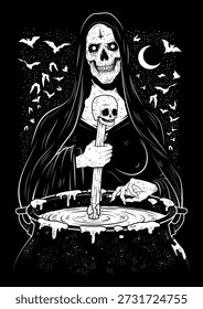 Witch with skull face Stirring a Cauldron, with a starry night, moon and bats in the background. Black and white vector illustration. Concept of Witchcraft, halloween, horror, astrology, magic.
