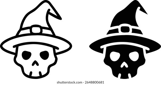 Conjunto de Ícones de Crânio de Bruxa, Halloween Magic Hat Skeleton Silhueta Vetor Ilustração