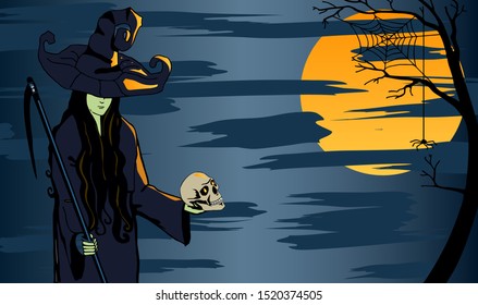 Witch with a skull in the moonlight