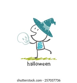 witch with a skull on Halloween, illustration