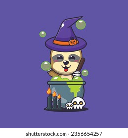 Witch sloth making potion in halloween day. Cute halloween cartoon illustration.