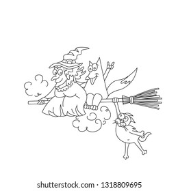 Witch and sly fox fly on the broom. Friendship. Funny coloring. Vector illustration 

