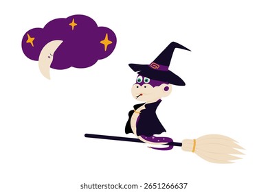 Witch Snake in Hat and Cloak Flying on broom and Half Moon Cloud and Decorative stars Cute Character