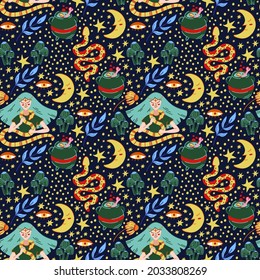 Witch with snake, mushrooms and moon seamless pattern. Halooween vector background 