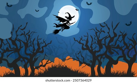 A witch soars through the moonlit sky on Halloween night vector illustration