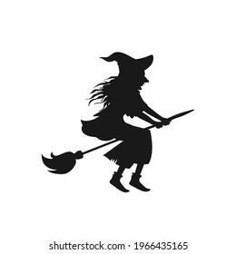 Witch solhouette flying on a broomstick isolated on white background. Halloween character. Vector stock