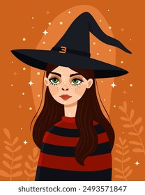 Witch, sorceress. Cute cartoon elf girl. Character for Halloween, Samhain. The girl wearing a witch's hat and a striped black and red sweater. Green eyes. Orange background.