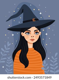 Witch, sorceress. Cute cartoon elf girl. Character for Halloween, Samhain. The girl wearing a witch's hat and a striped orange sweater. Blue eyes, black hair.