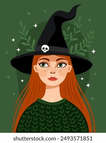 Witch, sorceress. Cute cartoon elf girl. Character for Halloween, Samhain. The girl with red hair, freckles and green eyes, wearing a witch's hat and a green knitted sweater. Green background. 