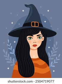 Witch, sorceress. Cute cartoon girl. Character for Halloween, Samhain. The girl with black hair and green eyes, wearing a witch's hat and an orange sweater. Blue background. Card.