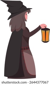 Witch, sorceress. Cute cartoon girl. Character for Halloween, Samhain. Girl with brown hair, in a witch's hat, with a flashlight. Card. Vector illustration EPS10.
