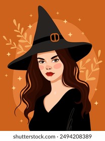 Witch, sorceress. Portrait of a woman wearing a black witch hat and a black dress. Cartoon vector illustration. Halloween, samhain. Orange background. Brunette with brown eyes.