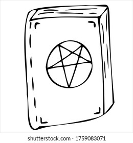witch or sorceress spell book, vector doodle element for halloween celebration, black outline