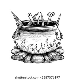 Witch Soup Hand Drawn Engraving Pen and Ink Vintage Vector illustration