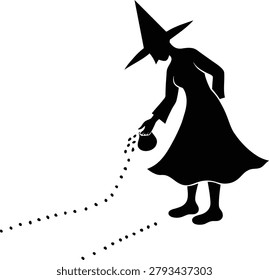Witch Sowing Seeds Silhouette Vector Illustration for Magic and Fantasy Concept