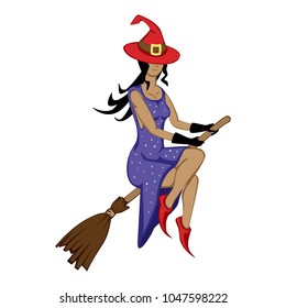 Witch in a sparkly dress in a red hat and red boots on a broomstick vector illustration isolated on a white background