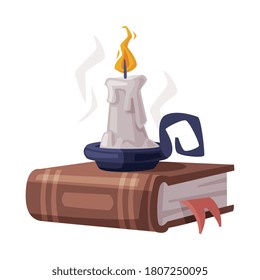 Witch Spell Book and Burning Candle in Candlestick, Witchcraft Attribute, Happy Halloween Object Cartoon Style Vector Illustration