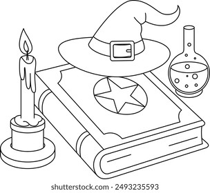 Libro de hechizos de bruja, botella de poción, vela y sombrero de bruja para colorear. Halloween Outline Sombrero de Bruja para colorear Página