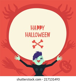 Witch spelling with hands up. Vector colorful background with space for text good for Halloween or Zombie party. Freaky stylish girl character. 
