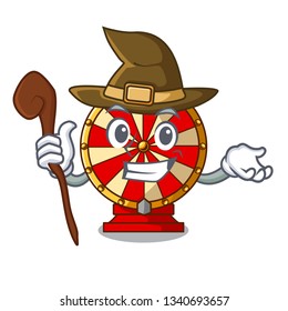 Witch spinning wheel beside wooden cartoon table