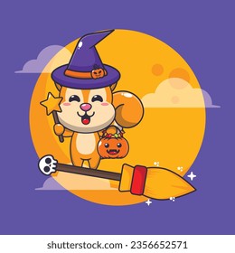 Hexeneichhörnchen fliegen mit Besen in halber Nacht. Cute halloween Cartoon Illustration.