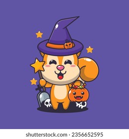 Witch squirrel in halloween day. Cute halloween cartoon illustration. 