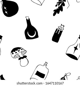 Hexenteam minimalistisches nahtloses Muster-Grafikdesign für Papier, Stoffdruck, Seitenfüllung. magischer Hintergrund mit handgezeichnet Tränke, Kerze, Kräuter