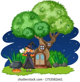 Witch standing beside tree house cartoon style on white background illustration